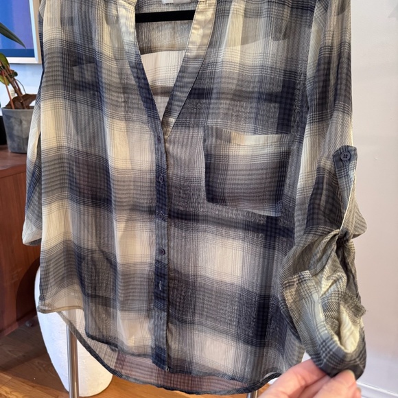 Staring at Stars - Sheer Plaid Blouse - Blue Plaid - Picture 4 of 5